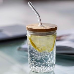 2-Pack 16oz Mason Drinking Jar with Bamboo Lid and Glass Straws and Straw Brush